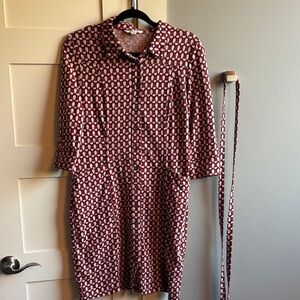 Boden Tara 8P petite shirt dress 100% cotton knit rust pink geometric print